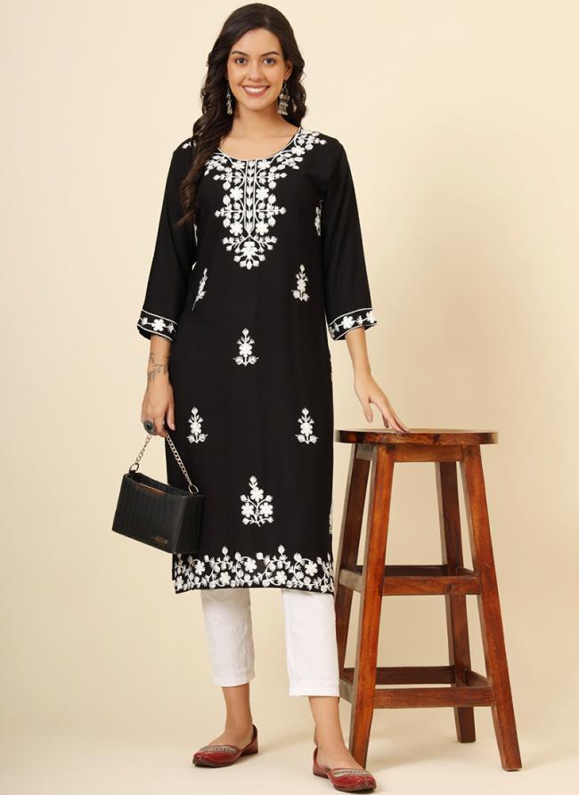 Rayon Black Casual Wear Lucknowi Chikankari Work Readymade Kurti